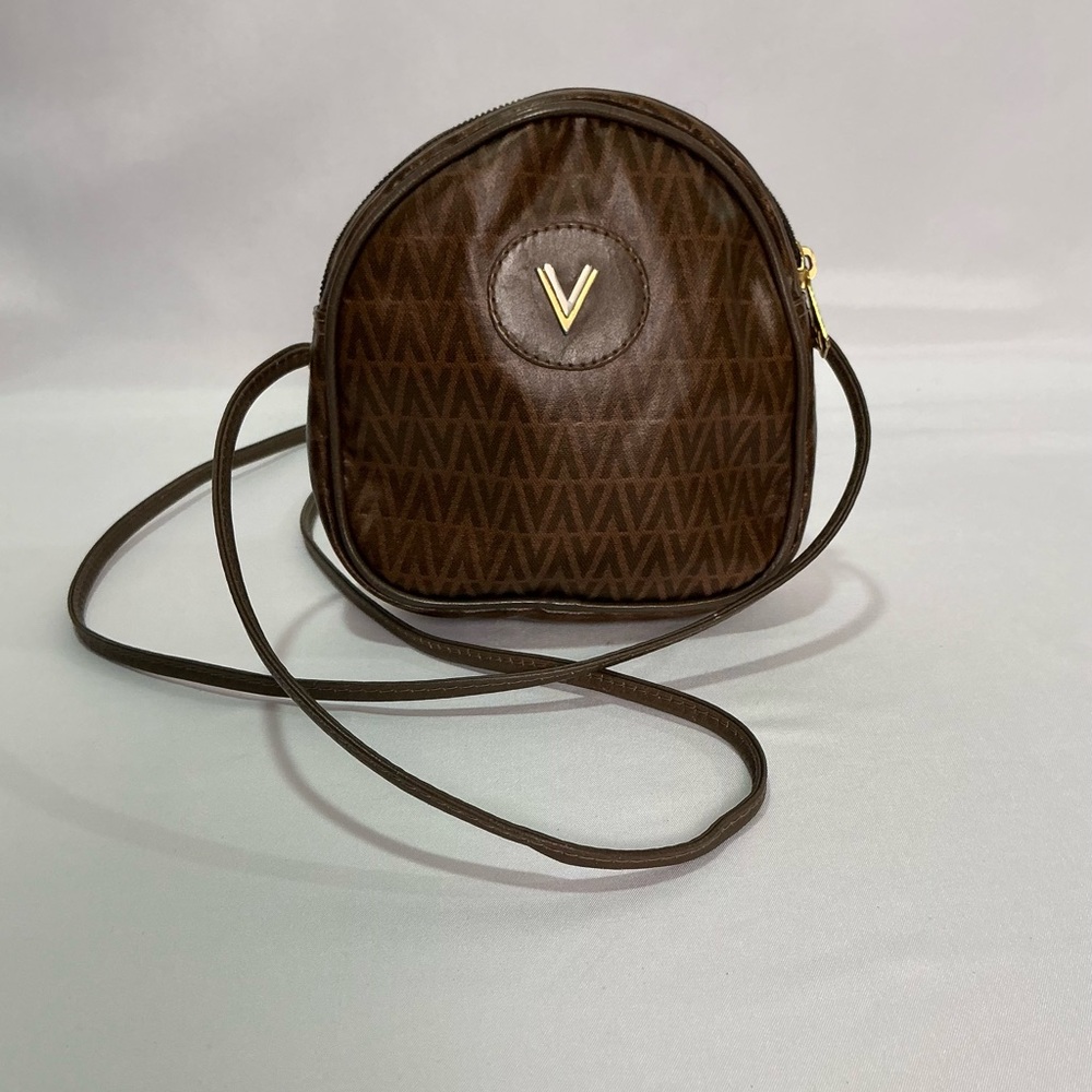 Vintage Valentino Geometric Patterned Crossbody Bag Logo PVC Leather Brown Gold